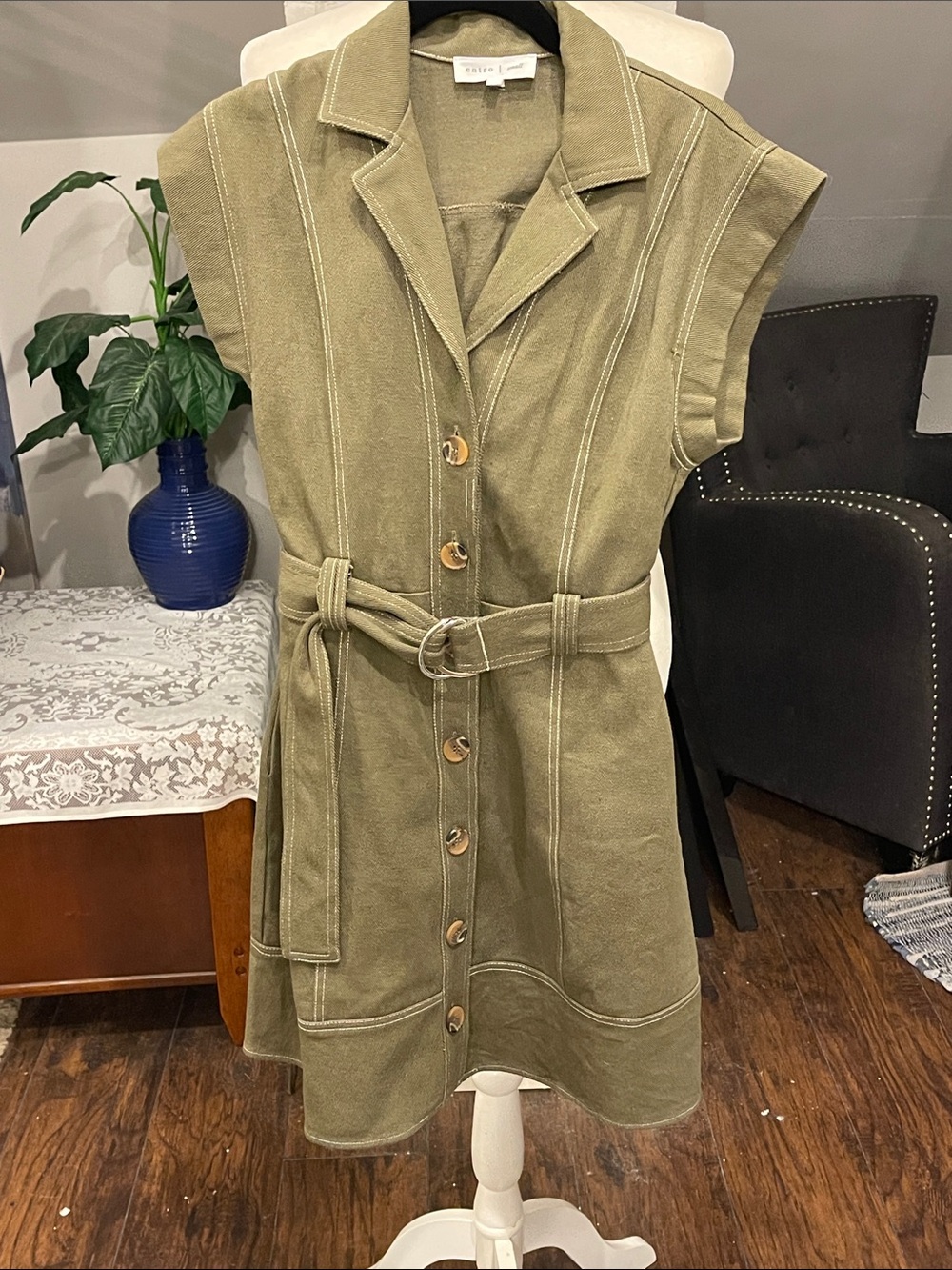 entro Olive Green Sleeveless Utility Mini Dress with Belt